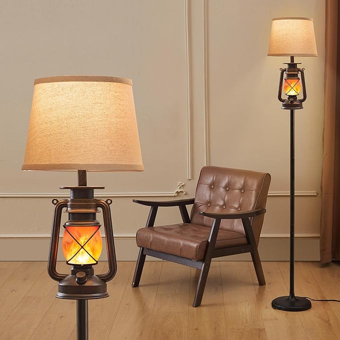 LEDIARY LED Flashing Flame Night Lantern Farmhouse Floor Lamp for Living Room, Rustic Standing Lamp with Beige Linen Drum Lampshade, Lantern Floor Lamps for Bedroom Home Decor - LeafyLoom