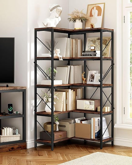 YITAHOME Corner Bookshelf, Industrial Corner Shelf 5 Tier Bookcase, Large Display Rack Storage for Bedroom, Living Room, Home Office,Rustic Brown - LeafyLoom