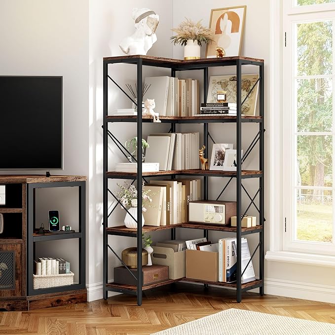 YITAHOME Corner Bookshelf, Industrial Corner Shelf 5 Tier Bookcase, Large Display Rack Storage for Bedroom, Living Room, Home Office,Rustic Brown - LeafyLoom
