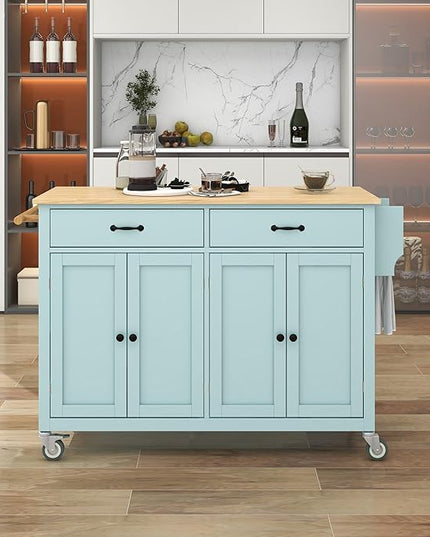 Kitchen Island with Storage, Rolling Table on Wheels w/ 4 Door Cabinet and 2 Drawers,Spice Rack, Towel Rack for Dinning Room - LeafyLoom
