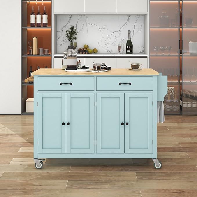 Kitchen Island with Storage, Rolling Table on Wheels w/ 4 Door Cabinet and 2 Drawers,Spice Rack, Towel Rack for Dinning Room - LeafyLoom