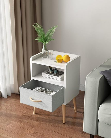 LUCKNOCK NightStand with Fabric Drawer, Bedside Table with Solid Wood Legs, Minimalist and Practical End Side Table with Open Storage Shelf for Bedroom, White. - LeafyLoom