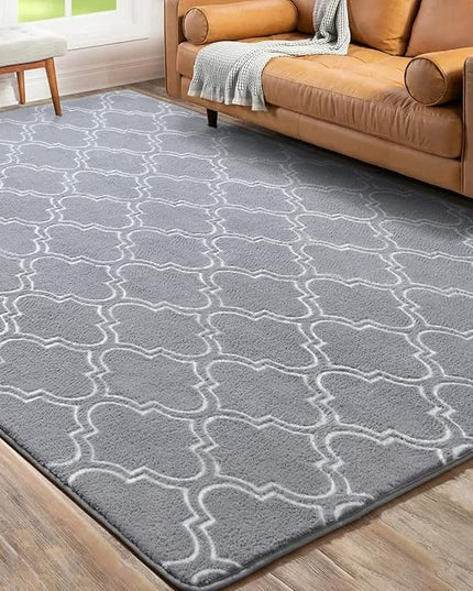 Chicrug Shag Geometric Modern Area Rug for Bedroom, 4x6 Feet Memory Foam Indoor Carpet, Fluffy Rug for Living Room Bedside Room Decor for Family Girls Kids Nursery Play Mat, Grey/White - LeafyLoom