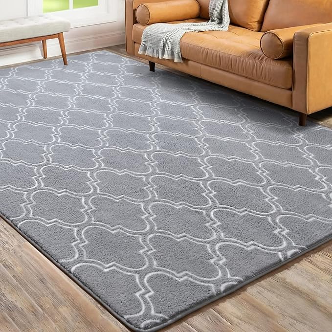 Chicrug Shag Geometric Modern Area Rug for Bedroom, 4x6 Feet Memory Foam Indoor Carpet, Fluffy Rug for Living Room Bedside Room Decor for Family Girls Kids Nursery Play Mat, Grey/White - LeafyLoom