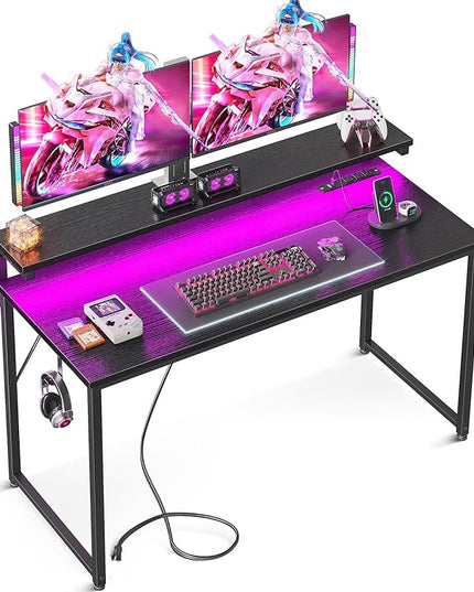 AODK Computer Desk, 48 Inch Gaming Desk with LED Lights and Power Outlet, Office Desk with Adjustable Monitor Shelf (3 Heights), Computer Table Work Desk for Home/Bedroom, Black - LeafyLoom