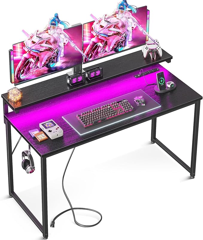 AODK Computer Desk, 48 Inch Gaming Desk with LED Lights and Power Outlet, Office Desk with Adjustable Monitor Shelf (3 Heights), Computer Table Work Desk for Home/Bedroom, Black - LeafyLoom