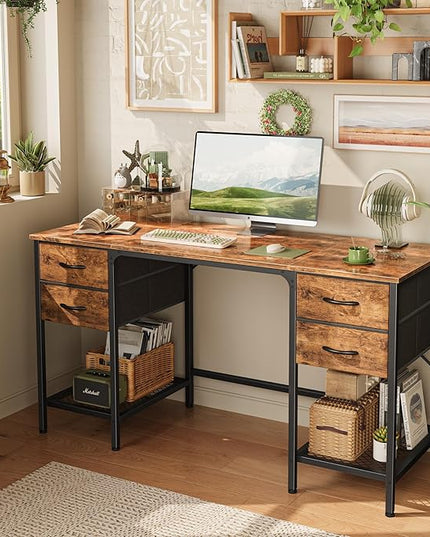 55 Inch Computer Desk with 4 Drawers, Office Desk with Mesh Shelf, Gaming Desk, Large Storage, Writing Desk Work Desk for Home Office, Study, Bedroom, Work from Home, Rustic Brown - LeafyLoom