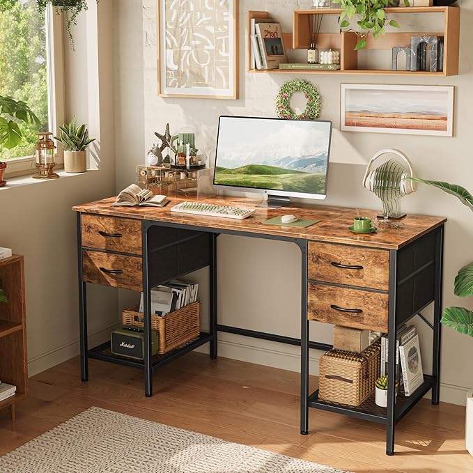 55 Inch Computer Desk with 4 Drawers, Office Desk with Mesh Shelf, Gaming Desk, Large Storage, Writing Desk Work Desk for Home Office, Study, Bedroom, Work from Home, Rustic Brown - LeafyLoom