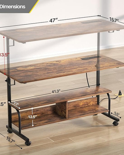 Height Adjustable Standing Desk with Power Outlets, 47" Manual Stand Up Desk with Storage Shelves Small Mobile Rolling Computer Desk Portable Laptop Table with Wheels for Home Office, Rustic - LeafyLoom