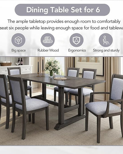 76.9 Inch Dining Table Set for 6, Extendable Dining Table Set with Removable Leaf, Kitchen Table Set with Upholstered Side Chair and Arm Chair for Dining Room, Dark Brown+Grey - LeafyLoom