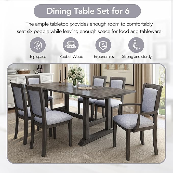 76.9 Inch Dining Table Set for 6, Extendable Dining Table Set with Removable Leaf, Kitchen Table Set with Upholstered Side Chair and Arm Chair for Dining Room, Dark Brown+Grey - LeafyLoom
