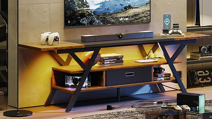 Bestier 70 Inch Gaming Tv Stands for Living Room with Power Outlet for TVs up to 75", Black Entertainment Center with Led Lights for Living Room Bedroom. Rustic Brown - LeafyLoom