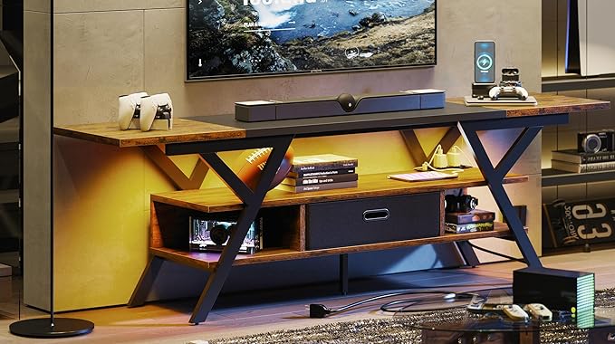 Bestier 70 Inch Gaming Tv Stands for Living Room with Power Outlet for TVs up to 75", Black Entertainment Center with Led Lights for Living Room Bedroom. Rustic Brown - LeafyLoom