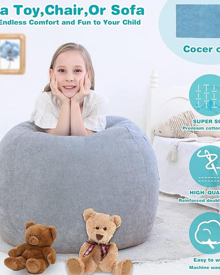 Stuffed Animal Storage Bean Bag Chair Cover (No Filler) for Kids and Adults.Soft Premium Corduroy Stuffable Beanbags for Organizing Children Plush Toys or Memory Foam Small 100L (Grey) - LeafyLoom
