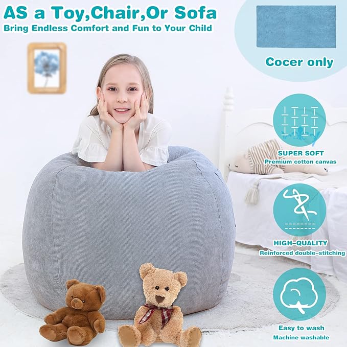 Stuffed Animal Storage Bean Bag Chair Cover (No Filler) for Kids and Adults.Soft Premium Corduroy Stuffable Beanbags for Organizing Children Plush Toys or Memory Foam Small 100L (Grey) - LeafyLoom