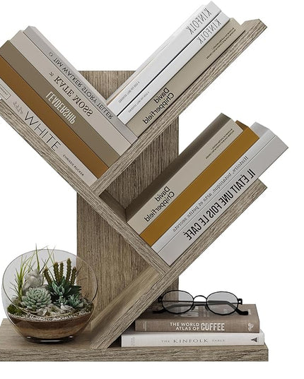 Tajsoon 3 Tier Tree Bookshelf, Small Bookshelf, Desktop Bookshelf Floor Standing Bookcase Display for CDs/Magazine/Books, Book Organizer Shelves for Bedroom, Living Room, Office, Greige - LeafyLoom
