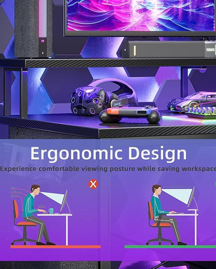Gaming Desk with Power Outlets and LED Lights, 47 Inch L Shaped Computer Desk with Monitor Stand and Storage Shelves, Corner Desk Small Computer Table Desk for Home Office, Carbon Fiber Black - LeafyLoom