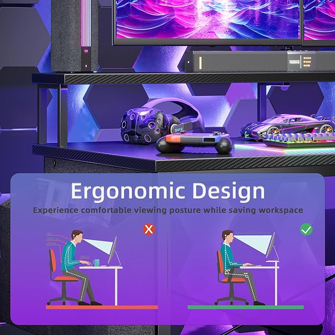 Gaming Desk with Power Outlets and LED Lights, 47 Inch L Shaped Computer Desk with Monitor Stand and Storage Shelves, Corner Desk Small Computer Table Desk for Home Office, Carbon Fiber Black - LeafyLoom