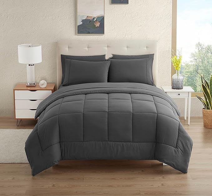 Dorm Room Essentials College Bedding Comforter Set 5 Piece Twin Size Bed in a Bag for College Students Boys and Girls, Twin, Gray - LeafyLoom
