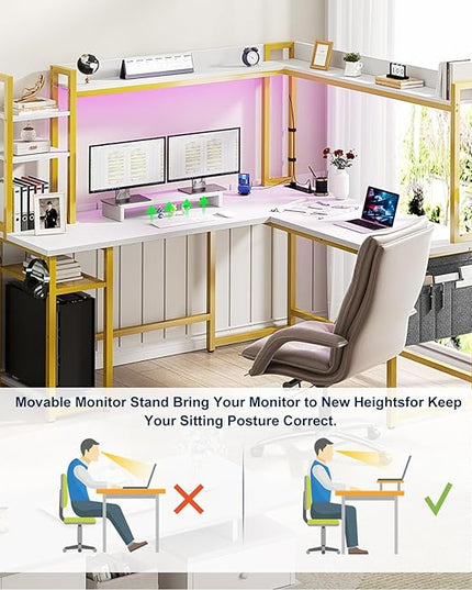 Aheaplus L Shaped Desk with Power Outlet, L Shaped Gaming Desk with Led Light & Hutch, Reversible Home Office Desk, Corner Computer Desk Writing Desk with Monitor Stand & Storage Shelf, White+Gold - LeafyLoom