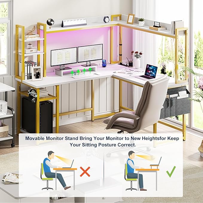 Aheaplus L Shaped Desk with Power Outlet, L Shaped Gaming Desk with Led Light & Hutch, Reversible Home Office Desk, Corner Computer Desk Writing Desk with Monitor Stand & Storage Shelf, White+Gold - LeafyLoom