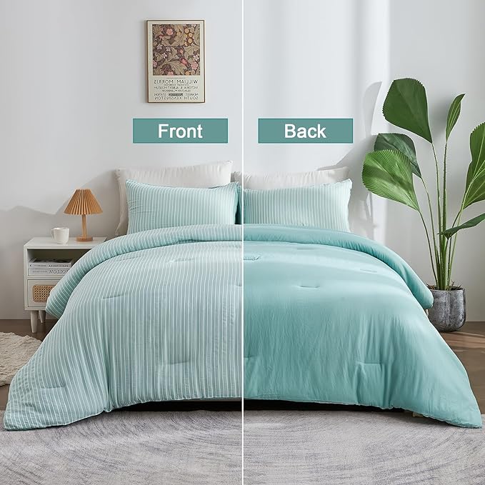 ENCOFT Comforter Queen Size, 3 Piece Textured Seafoam Green Comforter for Queen Size Bed, Soft Microfiber Lightweight White Striped Boho Comforter Set Queen, 90"x90" - LeafyLoom