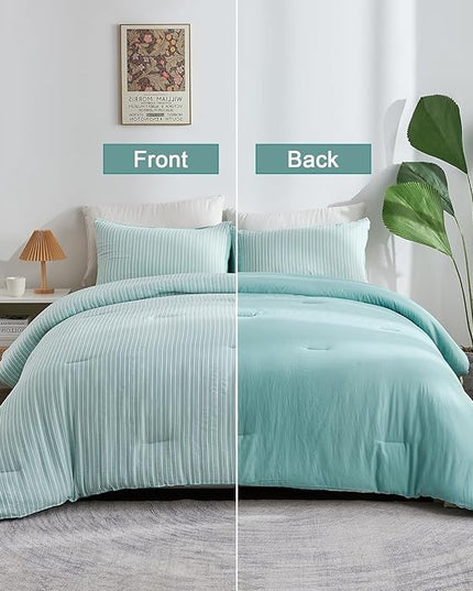 ENCOFT Green Comforter Twin, 3 Piece Elegant Textured White and Green Striped Twin Comforter Set, Ultra Soft All Seasons Extra Long Twin XL Comforter, with 2 Pillowcases, 68" x 90" - LeafyLoom