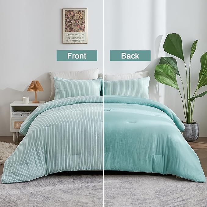ENCOFT Green Comforter Twin, 3 Piece Elegant Textured White and Green Striped Twin Comforter Set, Ultra Soft All Seasons Extra Long Twin XL Comforter, with 2 Pillowcases, 68" x 90" - LeafyLoom