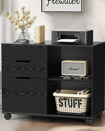 DUMOS Lateral File Cabinet with 3 Drawers Rolling Wooden Printer Stand Under Desk Storage Organizer with 4 Wheels Adjustable Shelf for Office Home, Black - LeafyLoom