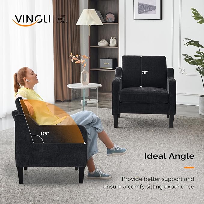 VINGLI Accent Chairs for Living Room Chairs Reading Chair Mid Century Modern Chair Soft Chenille Sofa Chair Upholstered Arm Chair Comfy Chair Side Chair (Black Chenille) - LeafyLoom