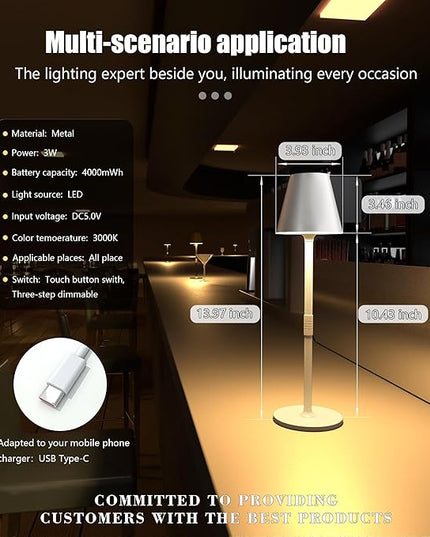 LED CordlessTable Lamp,4000mAh Rechargeable Battery Desk lamp,3 Level Brightness Beside Night Light, Minimalist Design, for Couple Dinner/Coffee Table/Restaurant/Bedroom(White 4PACK) - LeafyLoom