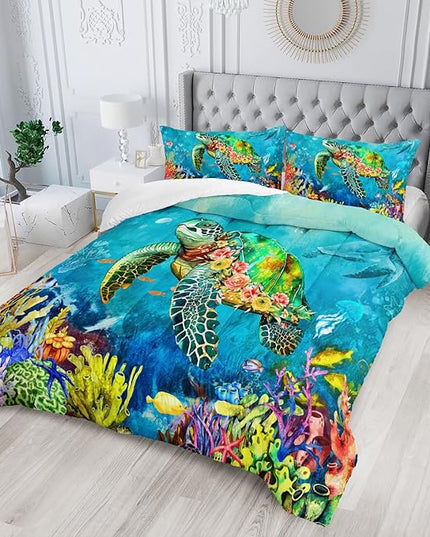 Kids Turtle Rose Comforter Set Full Beach Theme Jellyfish Starfish Bedding Set Sea Animal Reptile Bed Set with 2 Pillowcases for Boys Girls Room Decor - LeafyLoom