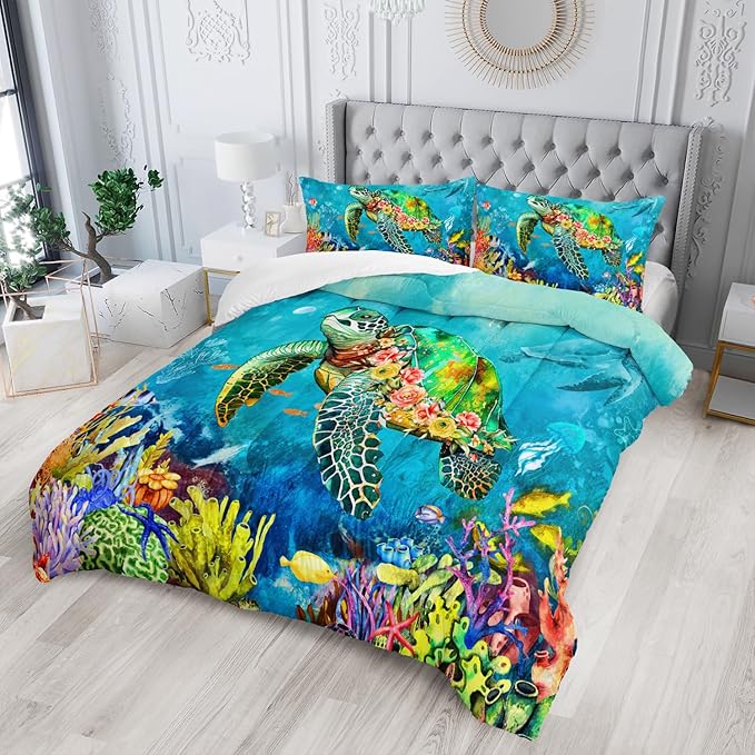 Kids Turtle Rose Comforter Set Queen Beach Theme Jellyfish Starfish Bedding Set Sea Animal Reptile Bed Set with 2 Pillowcases for Boys Girls Room Decor - LeafyLoom