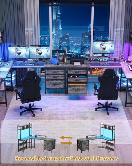 Aheaplus L Shaped Desk with Hutch, Gaming Desk with Led Lights, Reversible Computer Desk with Power Outlet, Corner Desk with File Drawer & Monitor Stand, Storage Shelves for Home Office, Black Oak - LeafyLoom
