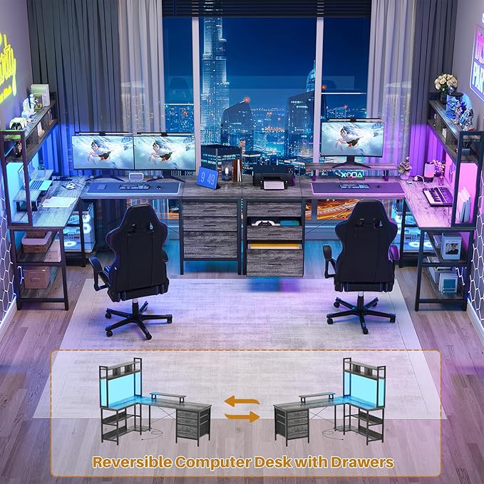 Aheaplus L Shaped Desk with Hutch, Gaming Desk with Led Lights, Reversible Computer Desk with Power Outlet, Corner Desk with File Drawer & Monitor Stand, Storage Shelves for Home Office, Black Oak - LeafyLoom