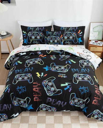 Meeting Story Gamer Gaming Bedding Sets Fluorescence Gamepad Comforter Set for Boys Games Console Action Buttons Novelty Colorful Modern Room Decor Home Quilt Set (Black, Twin6pcs) - LeafyLoom