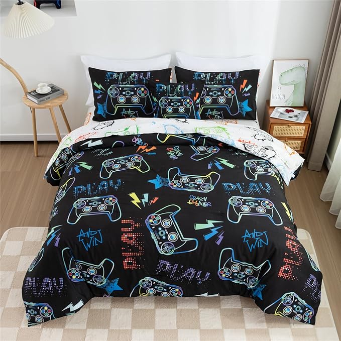 Meeting Story Gamer Gaming Bedding Sets Fluorescence Gamepad Comforter Set for Boys Games Console Action Buttons Novelty Colorful Modern Room Decor Home Quilt Set (Black, Twin6pcs) - LeafyLoom