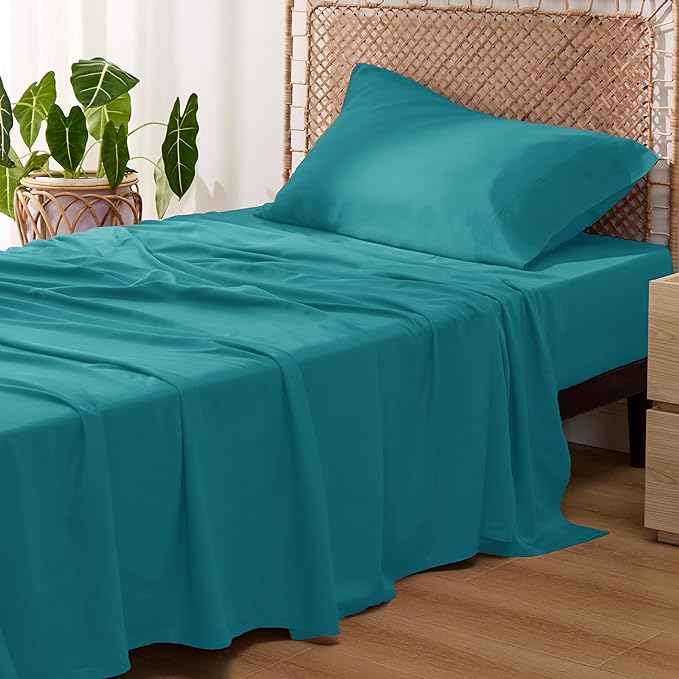 Bedsure Twin XL Sheet Set Dorm Bedding, Cooling Sheets Twin Extra Long Sheets, Rayon Derived from Bamboo, Deep Pocket Up to 16", Hotel Luxury Silky Bedding Sheets & Pillowcases, Turquoise - LeafyLoom