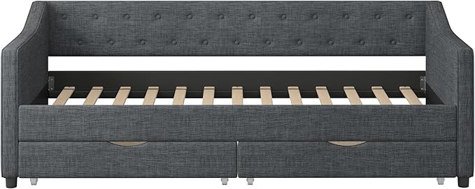 Twin Size Daybed with Drawers, Linen Upholstered Tufted Sofa Bedframe with Button on Back, Waved Shape Arms, Wooden Slats Support, for Apartment,Bedroom, Dark Grey - LeafyLoom