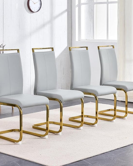 Modern Dining Chairs Set of 4, Side Dining Room Chairs with Gold Frame, Kitchen Chairs with Faux Leather Padded Seat High Back, Chairs for Dining Room, Kitchen, Living Room Light Grey - LeafyLoom