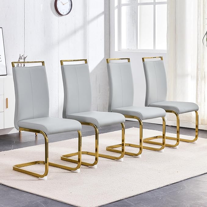 Modern Dining Chairs Set of 4, Side Dining Room Chairs with Gold Frame, Kitchen Chairs with Faux Leather Padded Seat High Back, Chairs for Dining Room, Kitchen, Living Room Light Grey - LeafyLoom