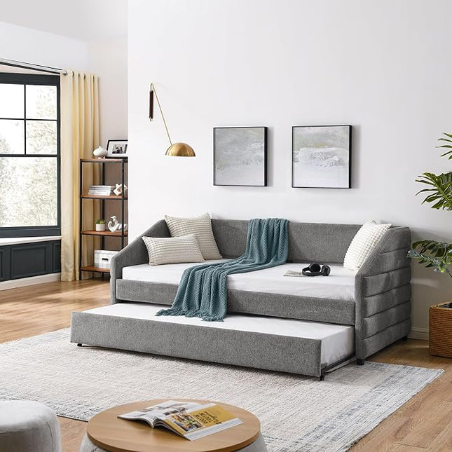 Twin Size Linen Upholstered Daybed with Trundle, Solid Wooden Bedframe w/Pull Out Bed and Tufted Decorate, No Box Spring Needed, for Kids, Bedroom, Dorm, Grey-1 - LeafyLoom