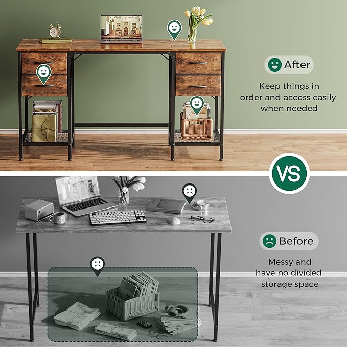 55 Inch Computer Desk with 4 Drawers, Office Desk with Mesh Shelf, Gaming Desk, Large Storage, Writing Desk Work Desk for Home Office, Study, Bedroom, Work from Home, Rustic Brown - LeafyLoom