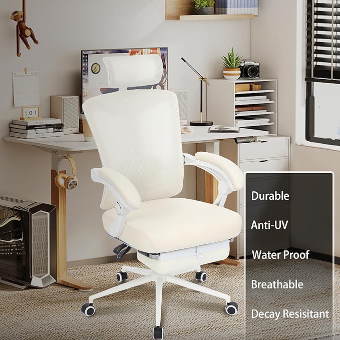 Vonesse Ergonomic Office Chair with Footrest Computer Mesh Office Chair with Footrest Big and Tall Office Chair High Back Comfy Home Office Chair for Heavy People Desk Chair Beige/Cream - LeafyLoom