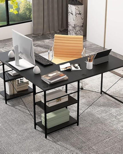 L-Shaped Home Office Desk, Corner Computer Desk w/Monitor Stand, Reversible PC Desk w/Heavy-Duty Metal Frame, Long Office Desk for 2 Person, Space-Saving Design (Black) - LeafyLoom