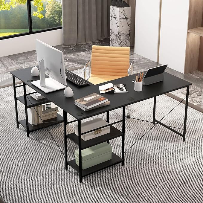 L-Shaped Home Office Desk, Corner Computer Desk w/Monitor Stand, Reversible PC Desk w/Heavy-Duty Metal Frame, Long Office Desk for 2 Person, Space-Saving Design (Black) - LeafyLoom