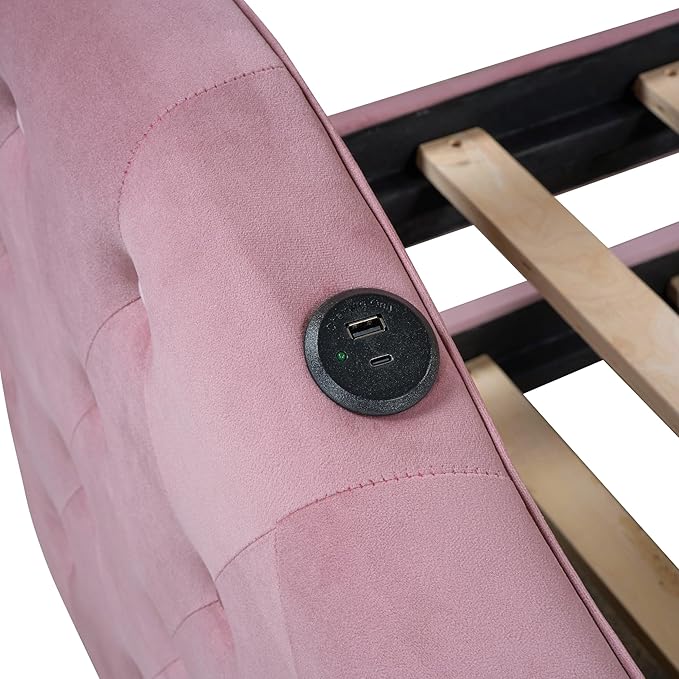 Twin Size Velvet Tufted Upholstered Daybed with Trundle, Modern Solid Wood Sofa Bed w/USB & Type-C Charging Ports, for Bedroom Living Room, No Box-spring Needed, Pink - LeafyLoom