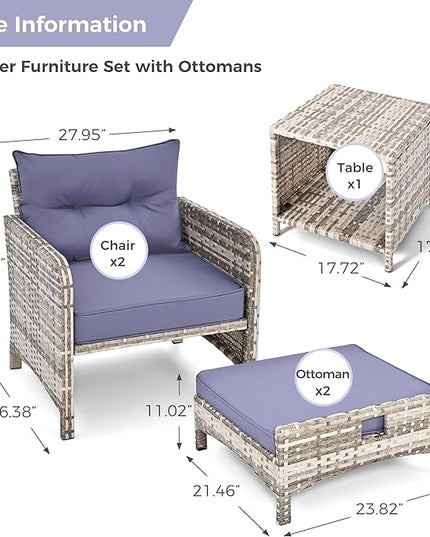 Pamapic 5 Pieces Outdoor Patio Wicker Chairs Set with Ottoman .Outside Conversation Furniture Set with Cushions and Coffee for Balcony Porch Lawn Garden Table (Purple Cushion + Grey Rattan) - LeafyLoom