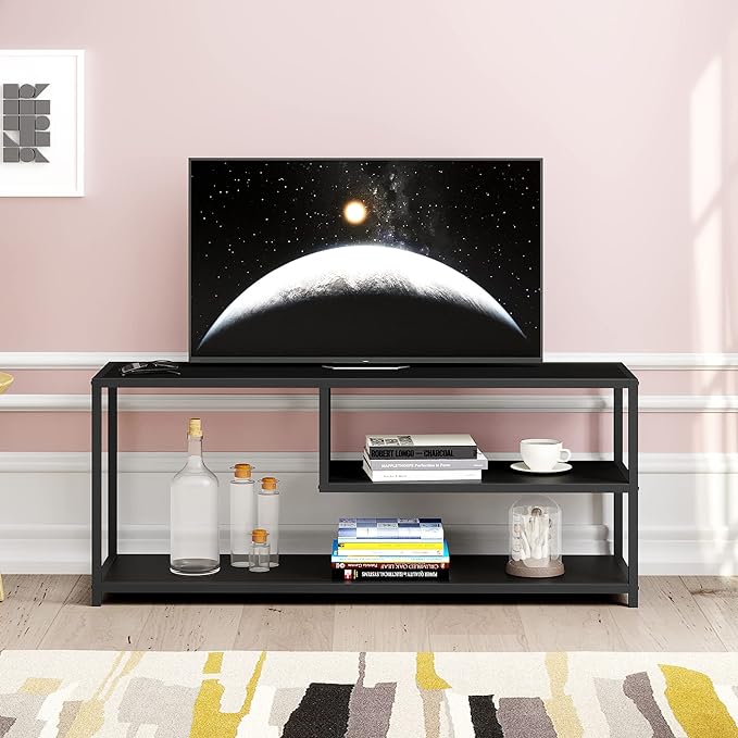 HOME BI TV Stand for 50 55 Inch TV, Entertainment Center with Storage, Wood TV Console for Living Room, TV Cabinet with Metal Frame, Black - LeafyLoom