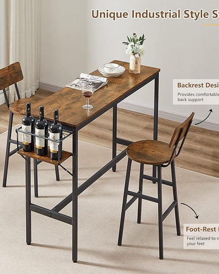 Bar Table and 2 Chairs Set, Industrial Style 3 Pieces Pub Dining Table Set with Collapsible Bottle Holder, 2 Bar Stools with Backrest for Kitchen, Apartment, Small Space - LeafyLoom
